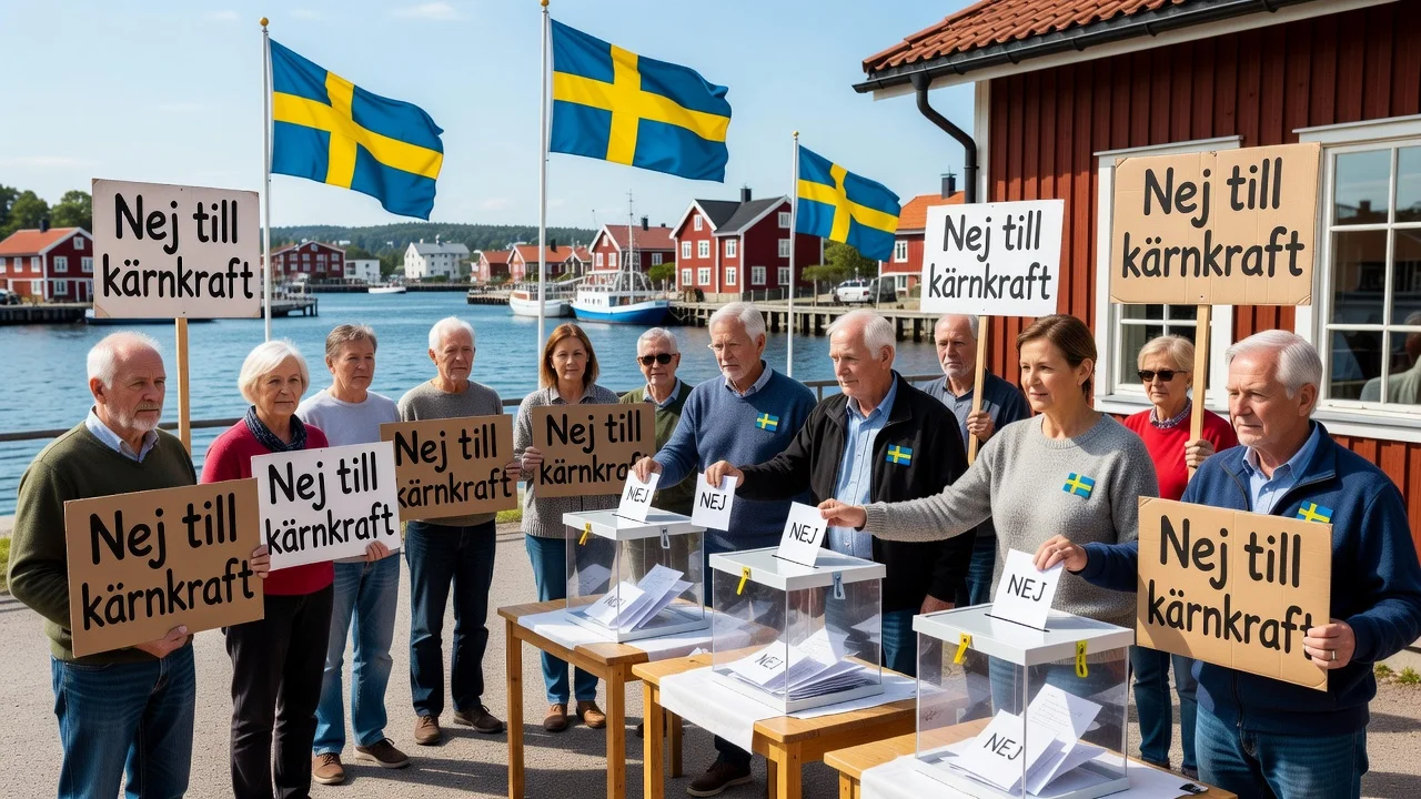 Residents of Karlshamn voting no to nuclear power in a referendum at a polling station.