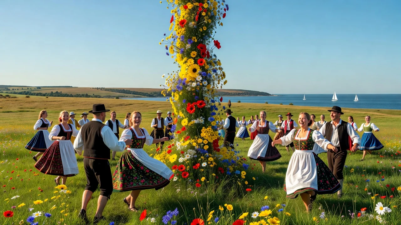 A sunny midsummer celebration in southern Sweden with a maypole in a green field under clear skies.