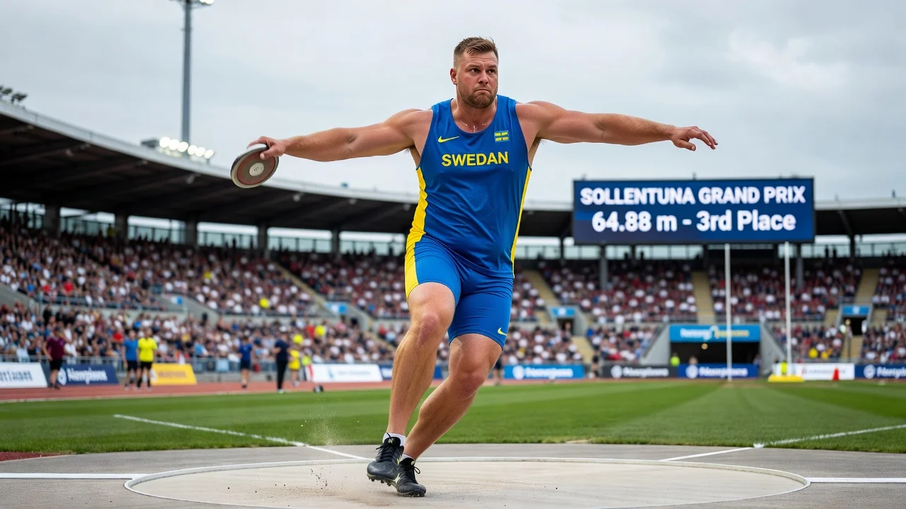 Daniel Ståhl mid-discusthrow at Sollentuna GP, realistic photo for news article
