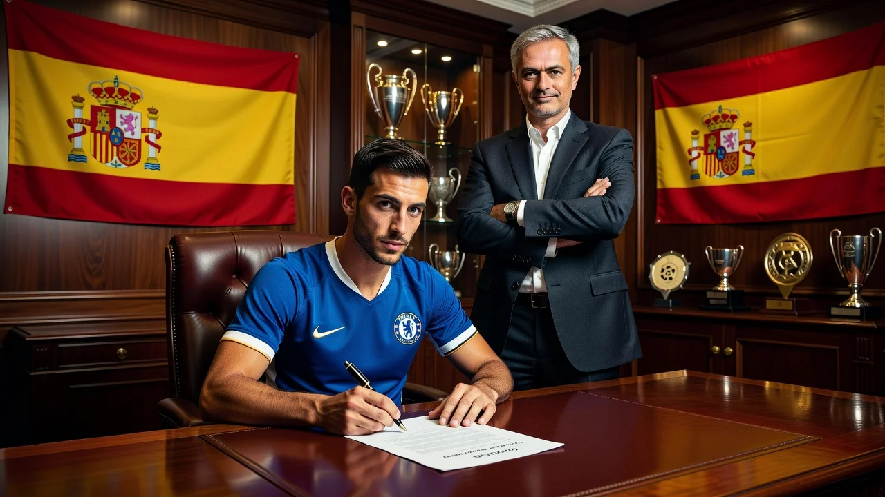 Illustration of Real Madrid transfer negotiations for Marc Cucurella from Chelsea involving José Mourinho.