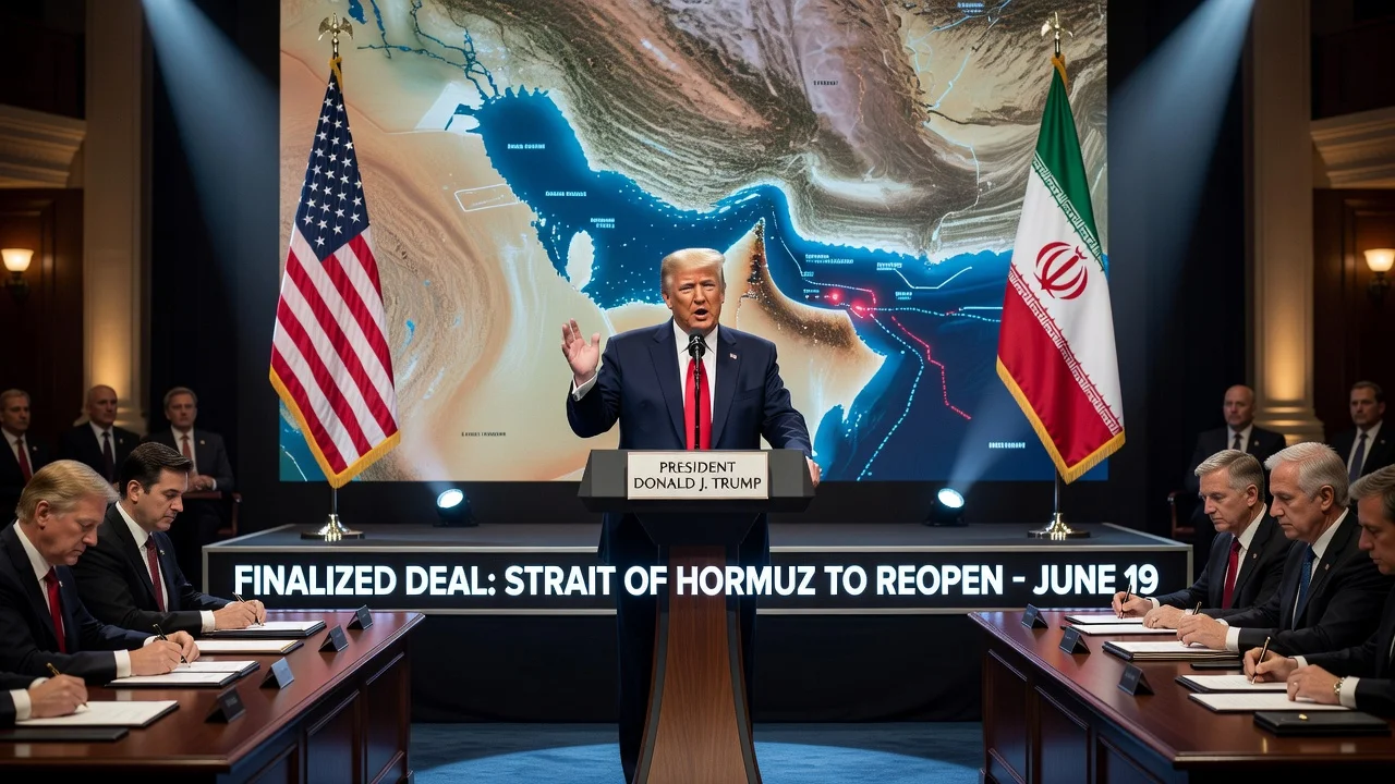 Illustration of Trump announcing US-Iran peace deal in Geneva with Strait of Hormuz map.