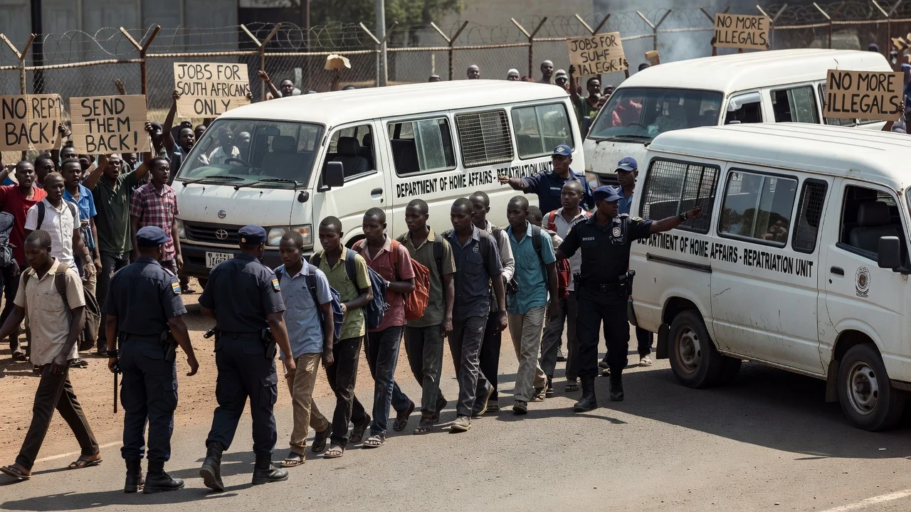 South African officials enforcing immigration at a border checkpoint with protesters in the background