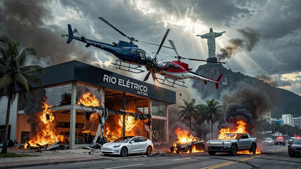 Two helicopters crashing into a car dealership in Rio de Janeiro after colliding, with fire and smoke, and Christ the Redeemer in the background.