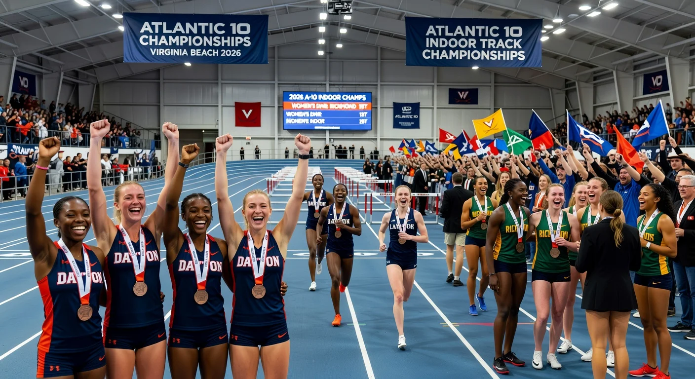 Athletes from University of Dayton, Richmond, and La Salle celebrating podium finishes and medals at the Atlantic 10 Indoor Track Championships in Virginia Beach.