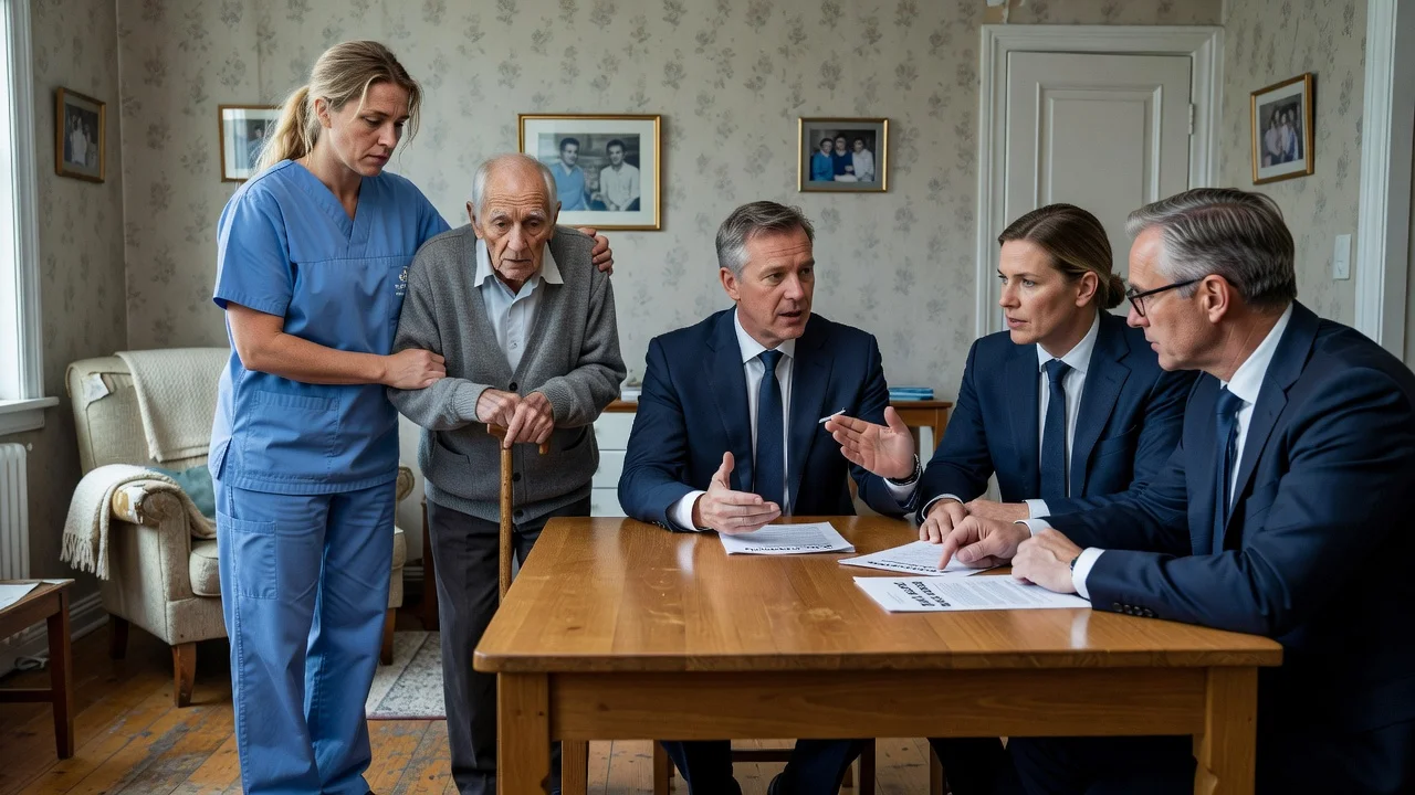 Home care worker assisting elderly patient while politicians discuss retention strategies in Uppsala.