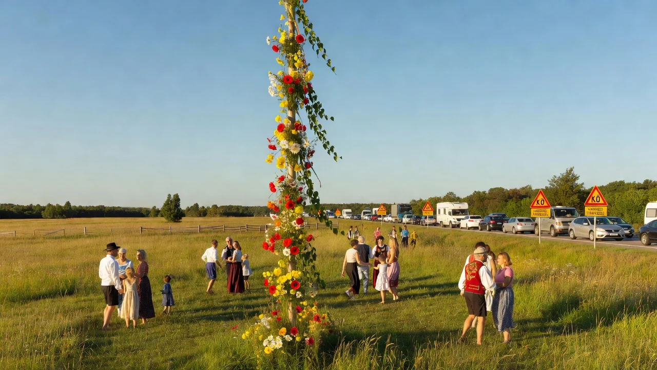 People celebrating Midsummer around a maypole with traffic jams on a highway in sunny southern Sweden.