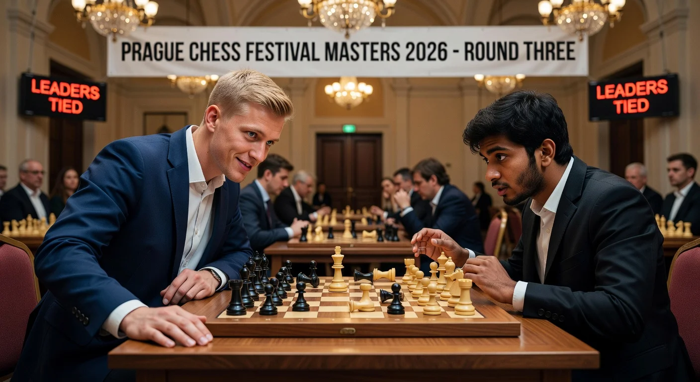 Dramatic chess match moment: Jorden van Foreest sacrifices rook to defeat world champion Gukesh at Prague Masters.