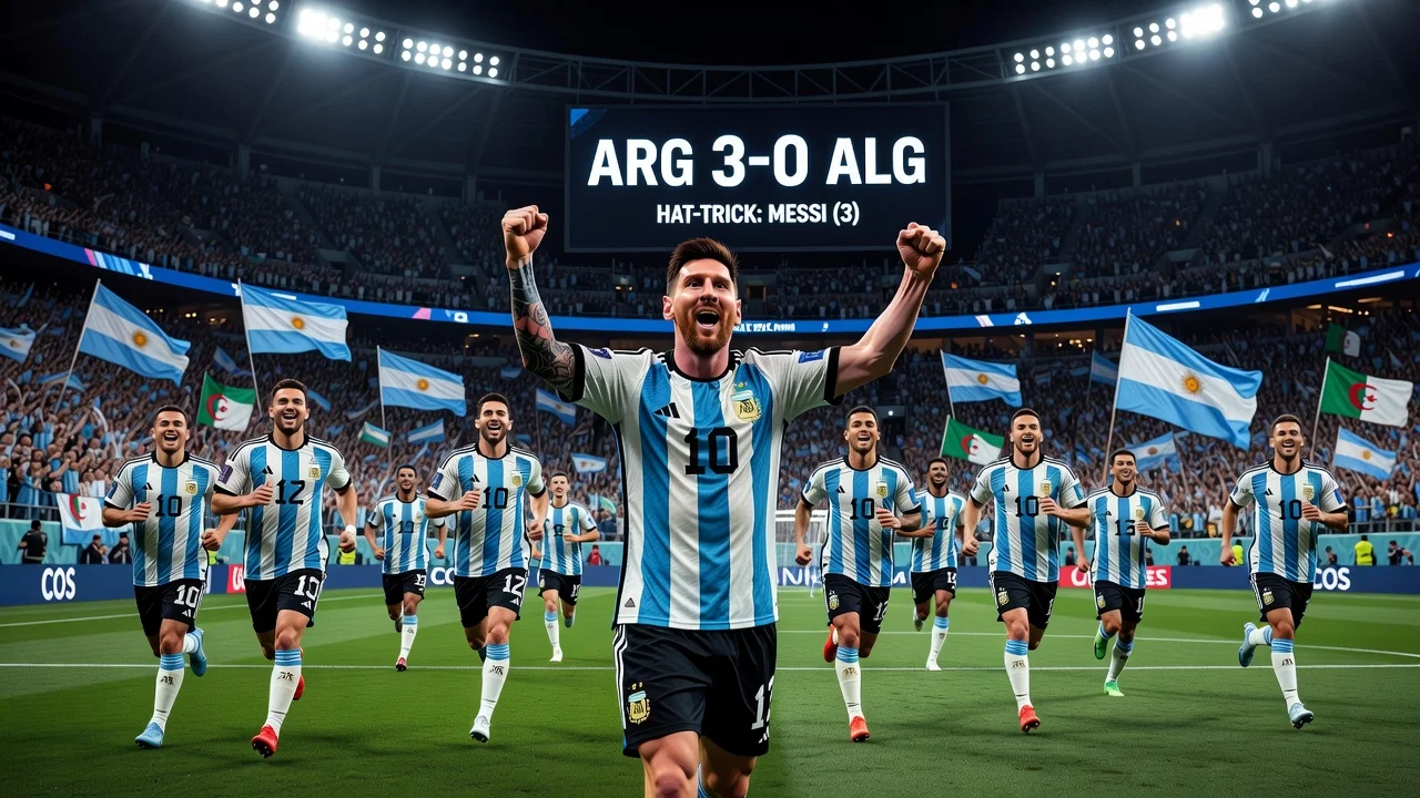 Lionel Messi celebrates his hat-trick in Argentina's 3-0 World Cup win over Algeria.