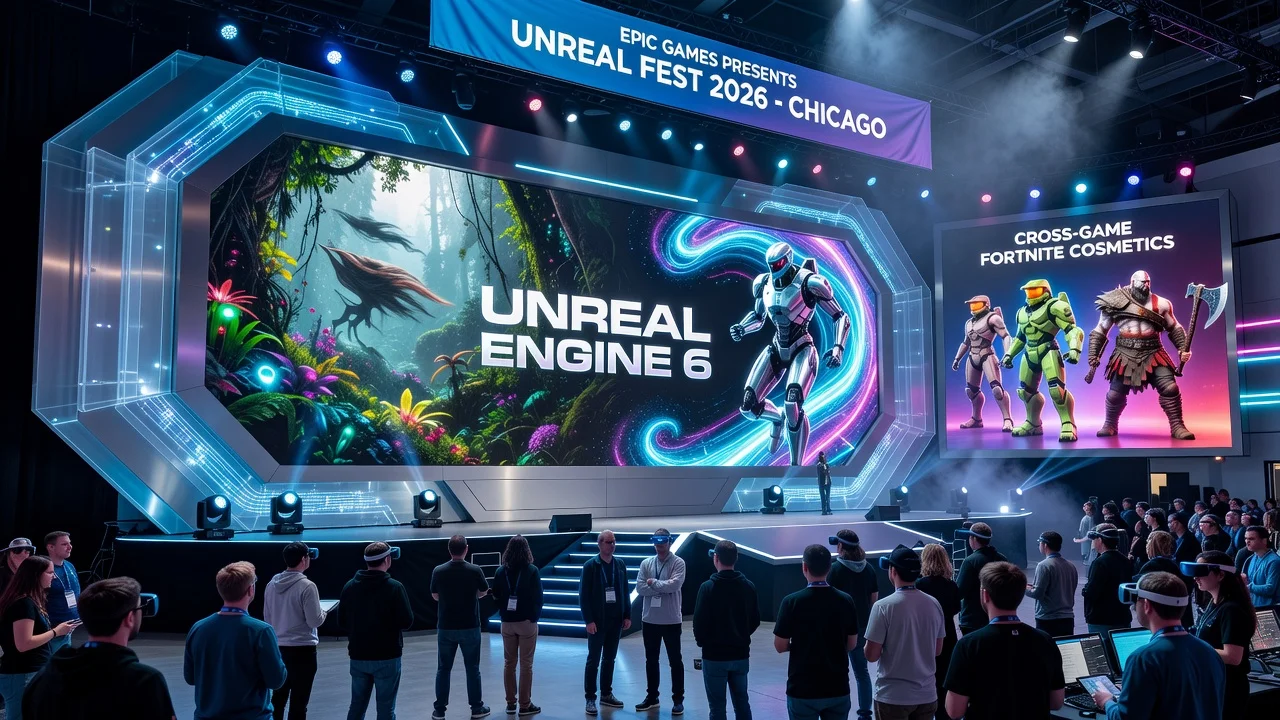 Illustration of Epic's Unreal Engine 6 announcement with AI features and Fortnite cosmetics at a conference in Chicago.