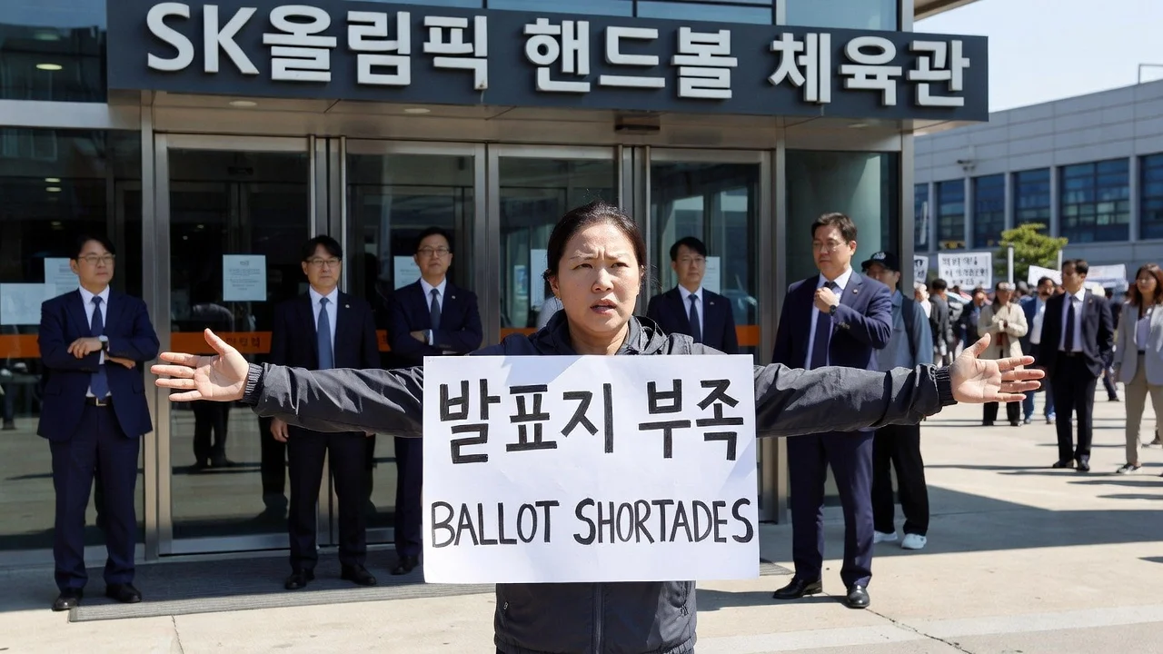 A woman protester blocking the entrance to a handball gymnasium in Seoul amid election ballot disputes.
