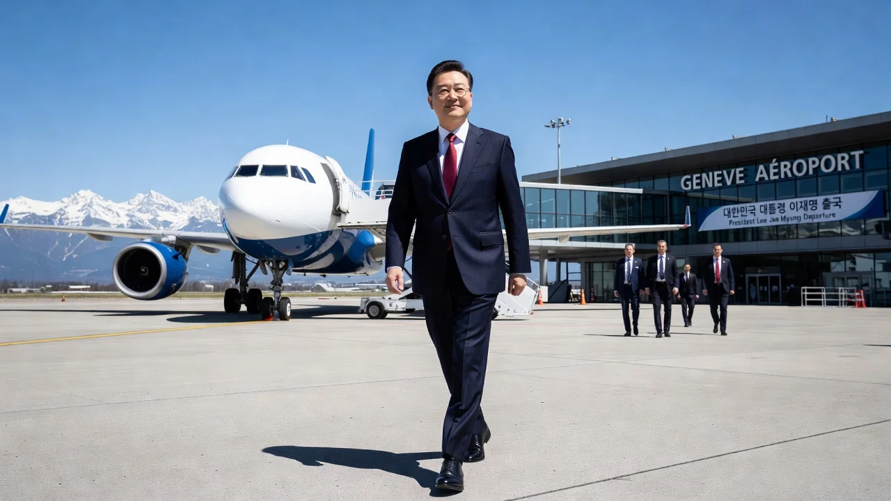President Lee Jae Myung walking on the tarmac at Geneva Airport towards his plane on a sunny day, with mountains visible in the background.