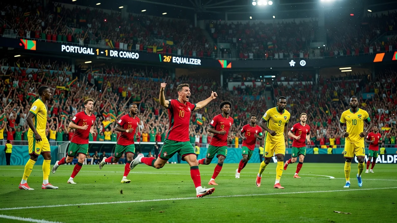Dramatic scene from Portugal vs DR Congo World Cup soccer match ending in 1-1 draw.