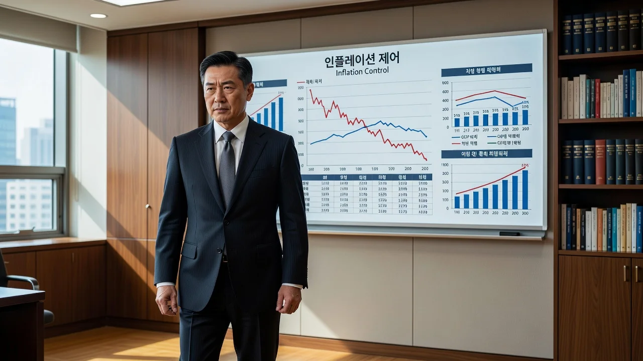 Bank of Korea Governor Shin Hyun-song addressing inflation concerns with economic data visuals.