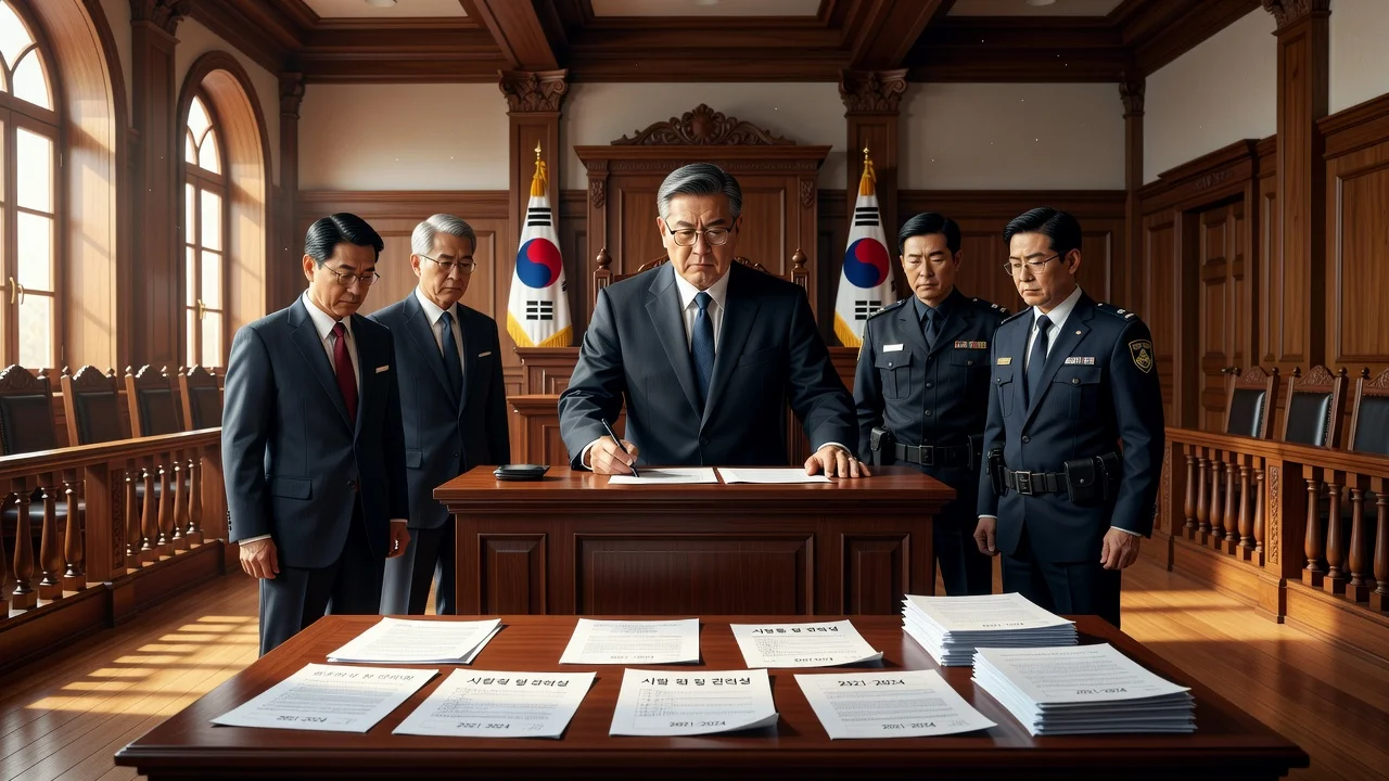 Realistic Seoul courtroom scene with judge issuing arrest warrants to ex-Shincheonji officials over PPP ties