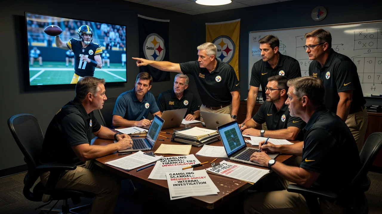 Steelers scouts evaluating Brendan Sorsby in a draft room amid gambling scandal reports.
