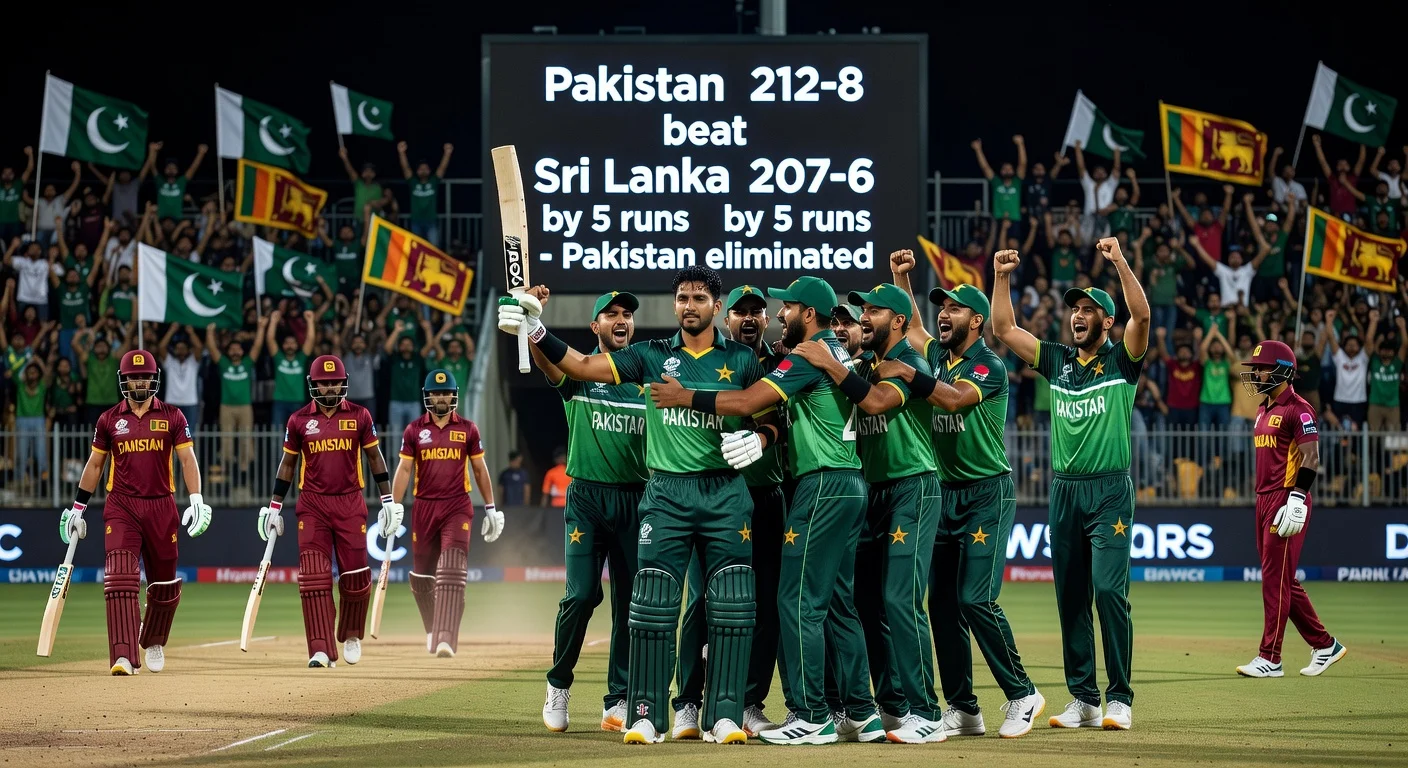 Pakistan cricket team celebrates narrow T20 World Cup win over Sri Lanka but faces elimination, scoreboard in background.