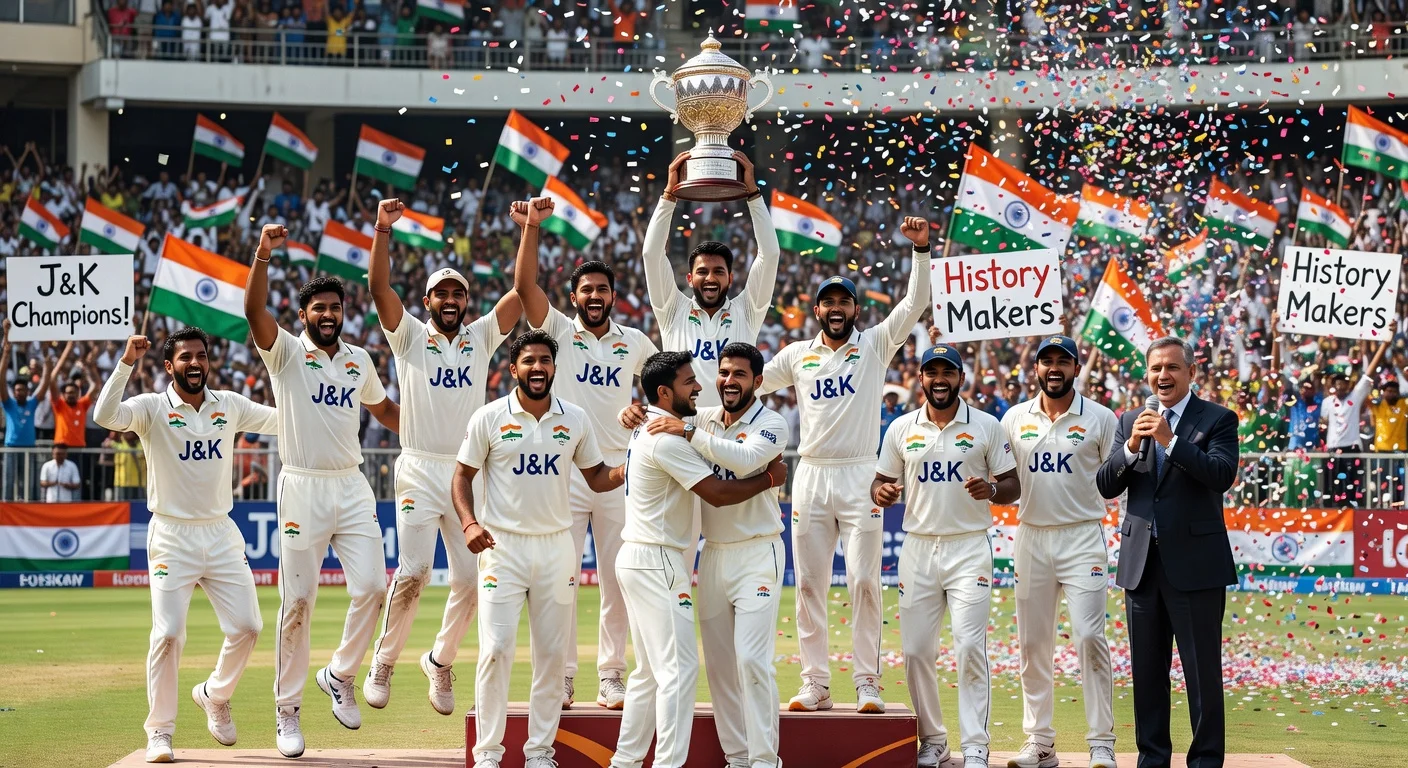 Jammu and Kashmir cricket team lifts Ranji Trophy in jubilant celebration after maiden title win over Karnataka.