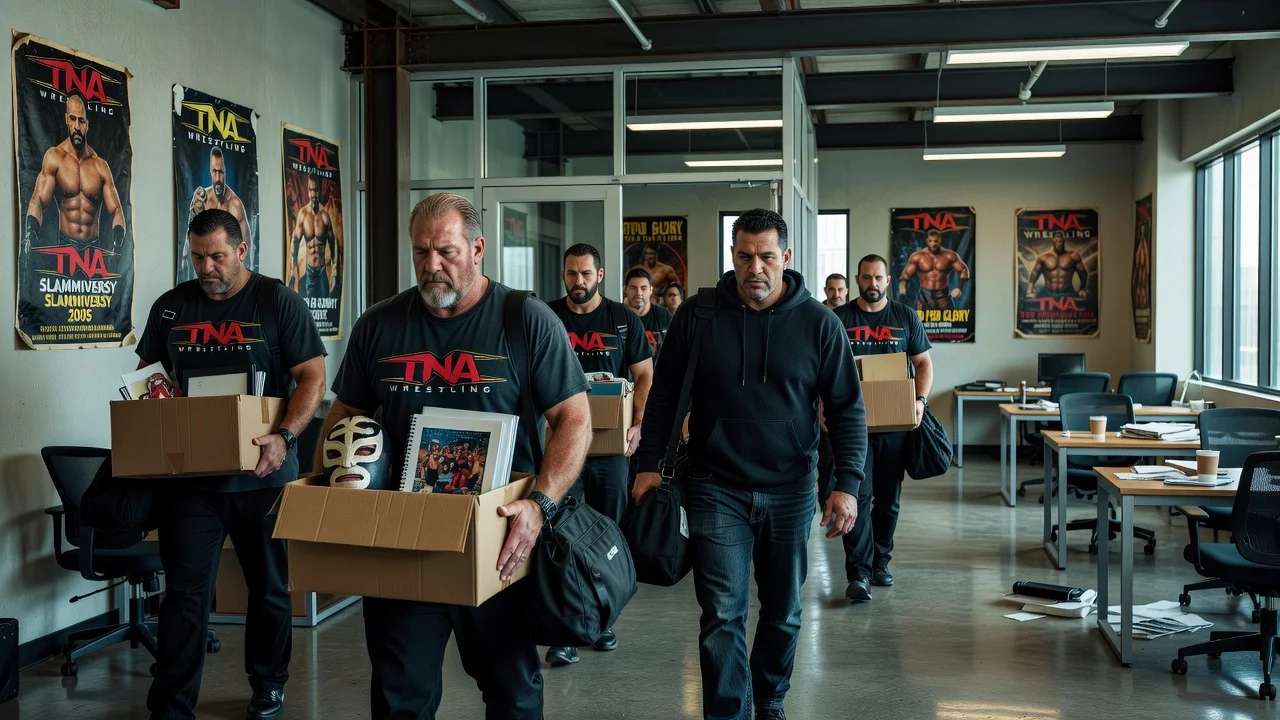 News illustration depicting wrestlers leaving TNA Wrestling amid layoffs