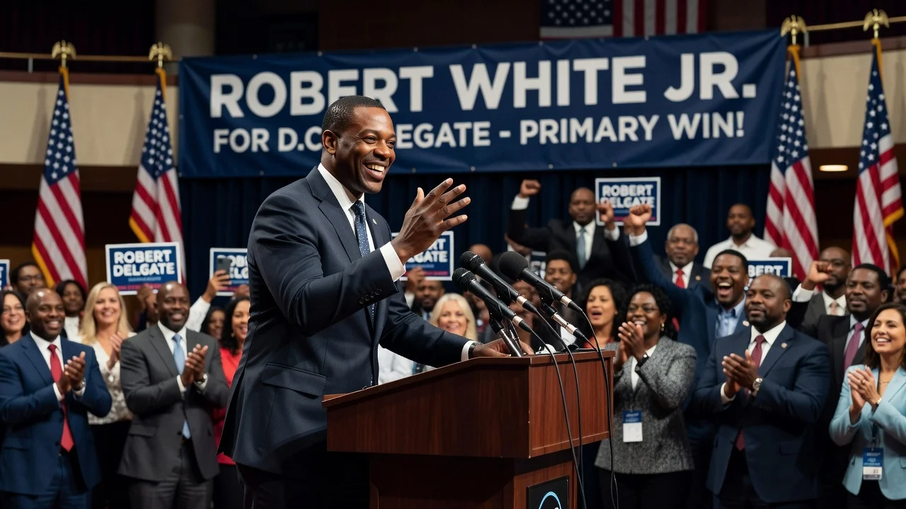 Robert White Jr. celebrating his Democratic primary victory at a podium in Washington D.C.
