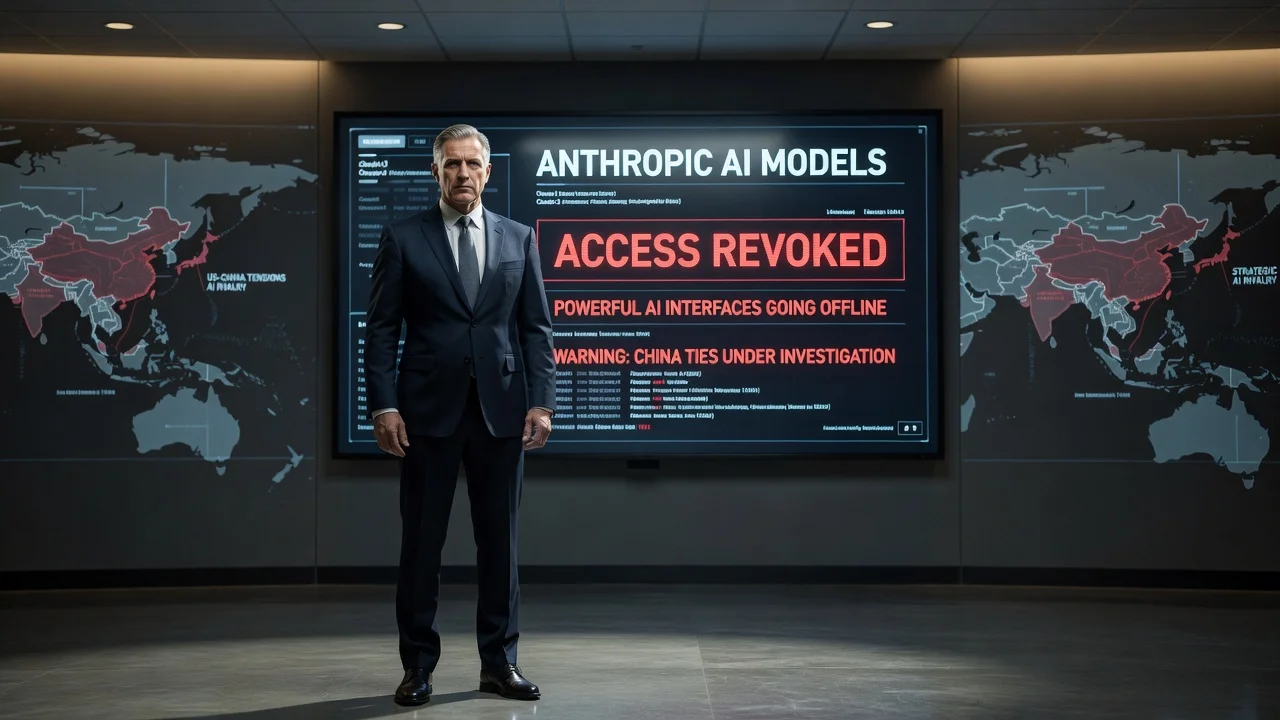 Illustration of US official revoking Anthropic AI access due to China concerns, showing models going offline.