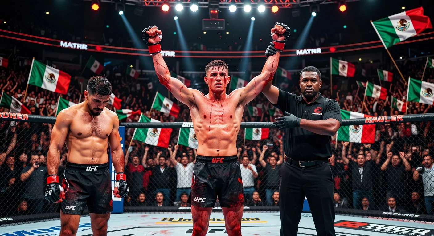 Lone’er Kavanagh celebrates unanimous decision victory over Brandon Moreno in UFC Mexico City main event.