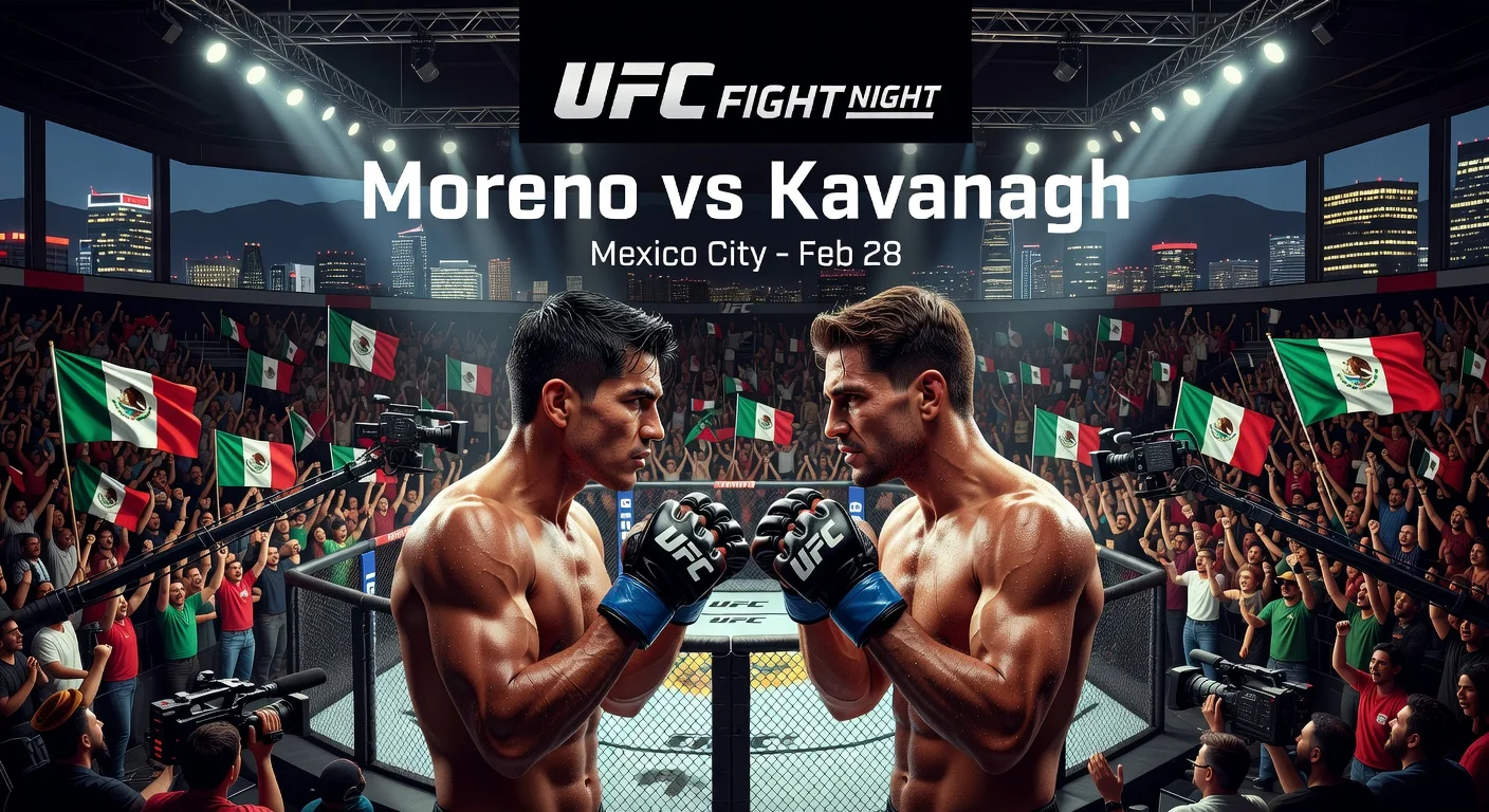 Photorealistic illustration of UFC fighters Brandon Moreno and Lone'er Kavanagh facing off in the octagon at Arena CDMX for Fight Night in Mexico City.