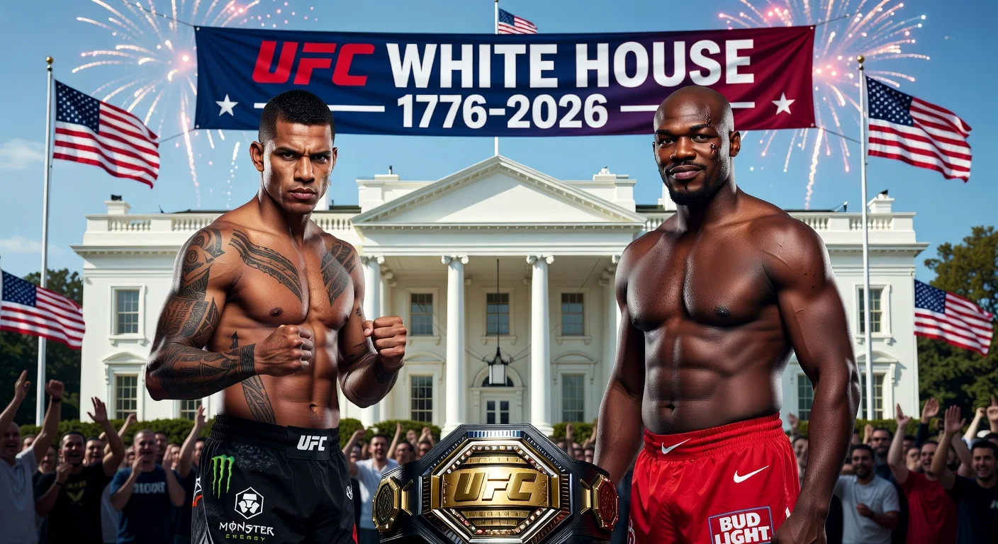 Illustration of Alex Pereira and Jon Jones facing off for a potential UFC heavyweight title bout at the White House event celebrating U.S. 250th anniversary.