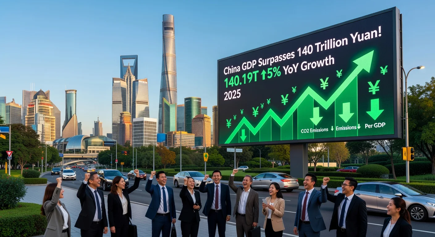 Photorealistic illustration of Shanghai skyline celebrating China's 2025 GDP surpassing 140 trillion yuan with 5% growth and environmental gains.