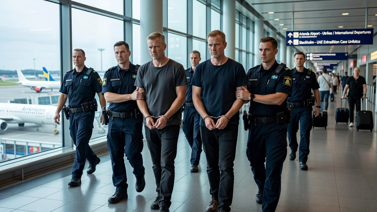 Two Swedish men extradited from UAE arriving in Swedish custody at the airport.