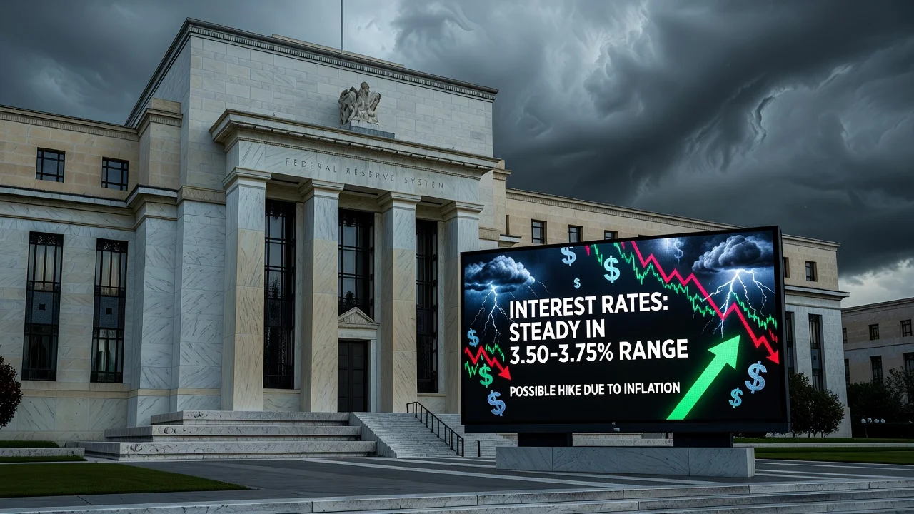 Illustration depicting the Federal Reserve holding interest rates steady while signaling a possible hike amid inflation.