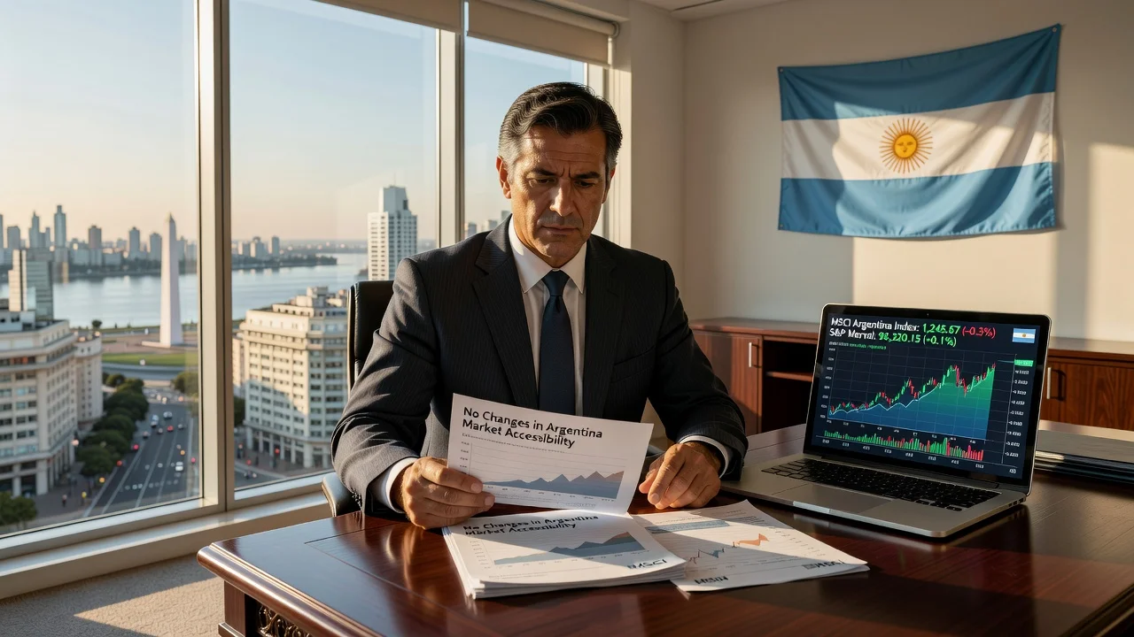 A financial analyst reviewing MSCI reports on Argentina in a Buenos Aires office, symbolizing unchanged market evaluation.