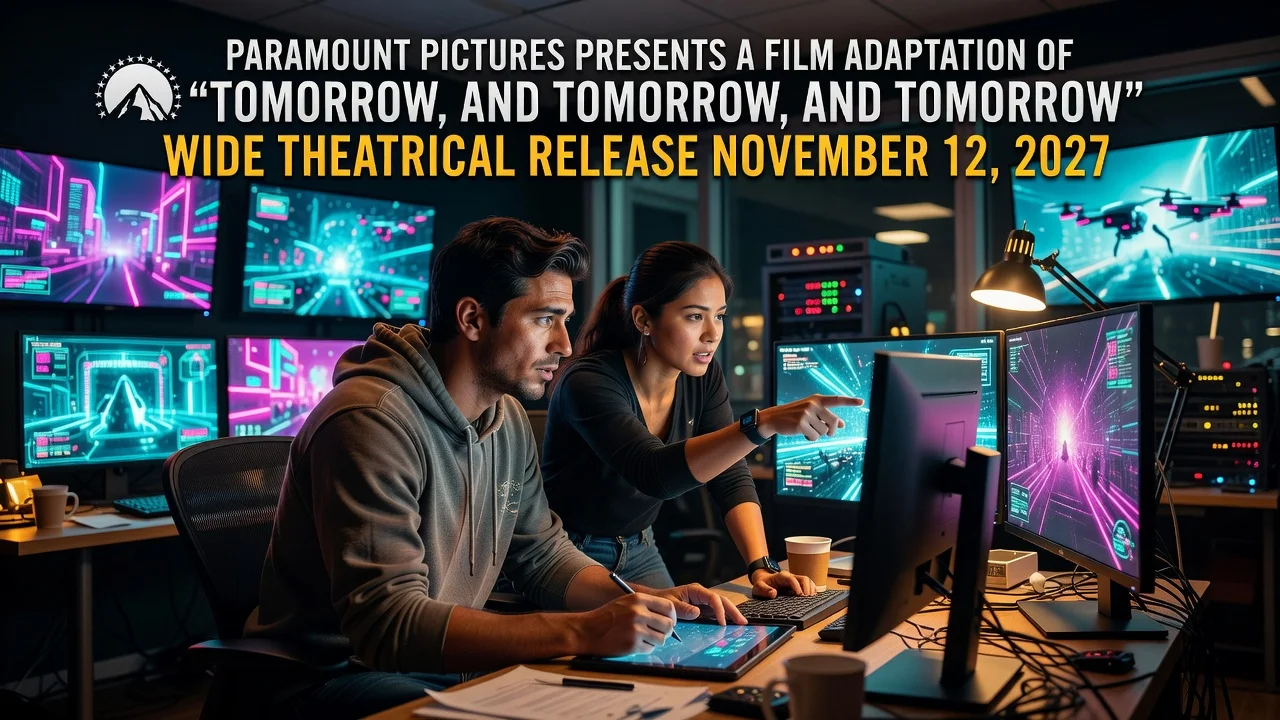 Illustration of Paramount's film adaptation announcement for Tomorrow and Tomorrow and Tomorrow releasing in 2027, showing two friends in a video game studio.