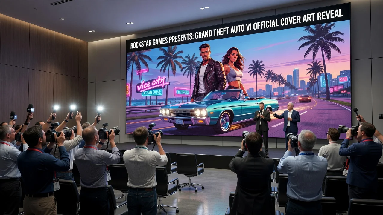 Illustration of Rockstar Games revealing the GTA 6 cover art on a large screen in a conference room.