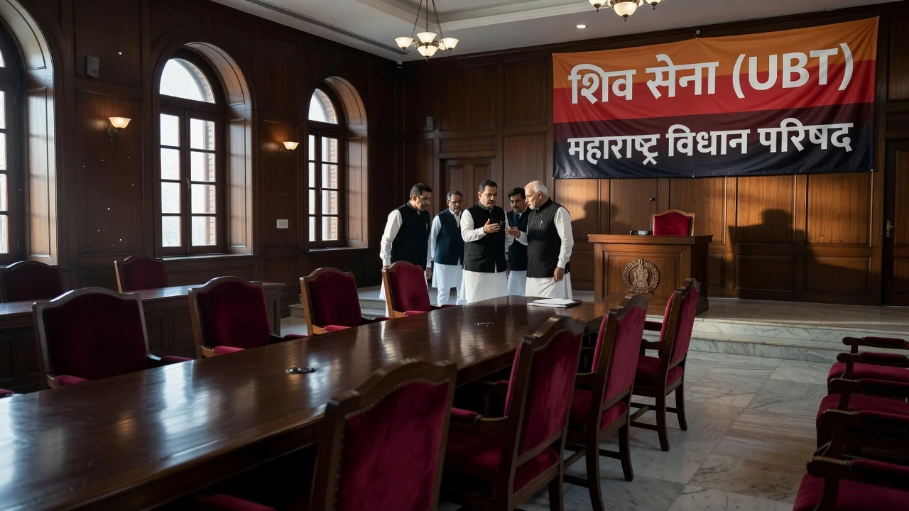 Illustration of empty seats at a Shiv Sena UBT meeting highlighting political upheaval in Maharashtra due to six MPs skipping amid shift speculation.