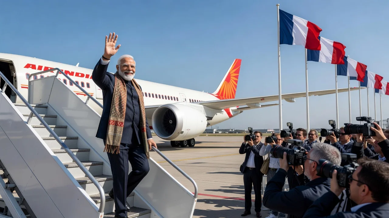 Prime Minister Narendra Modi boarding a plane at a French airport after his visit.
