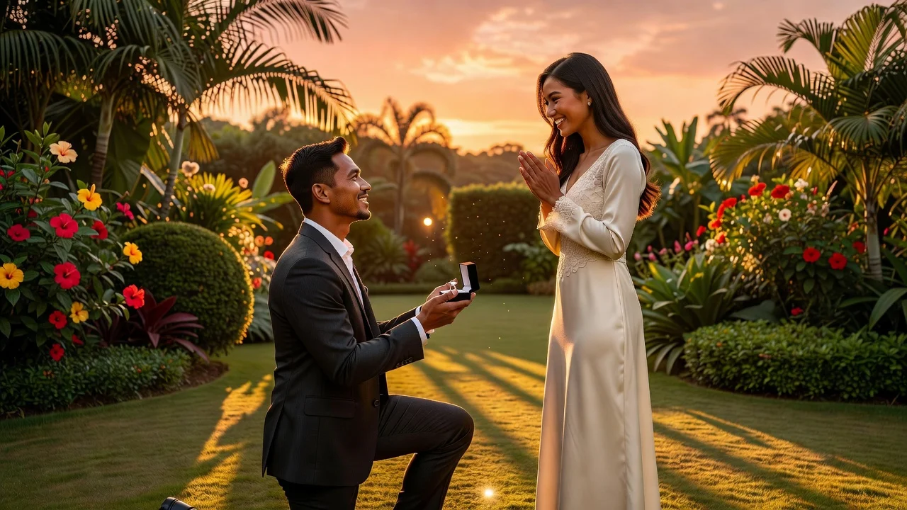 Asnawi Mangkualam proposing to Yuriska Patricia in a romantic garden setting.