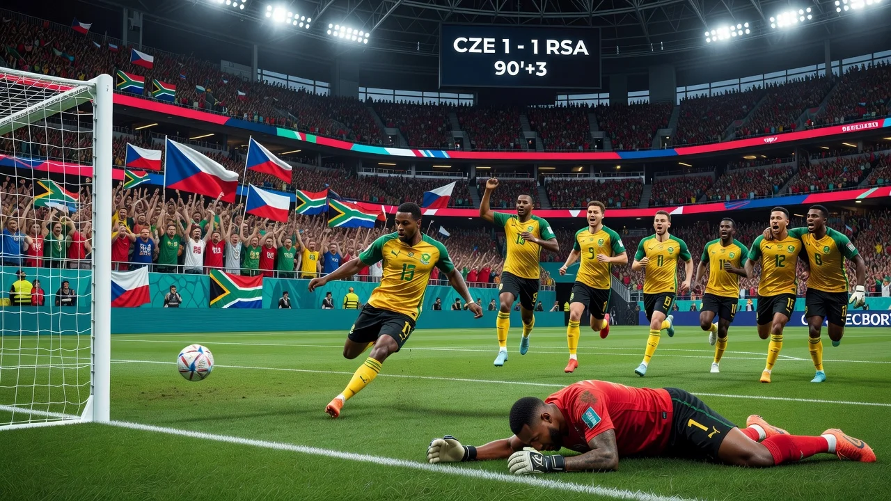 Dramatic scene from Czechia vs South Africa World Cup match showing late penalty goal reaction.