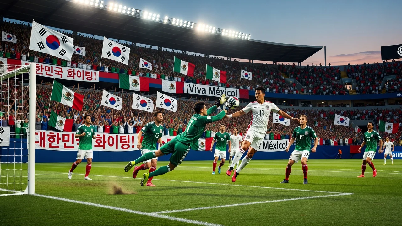 Vivid realistic illustration of South Korea vs Mexico World Cup soccer match in Guadalajara stadium.