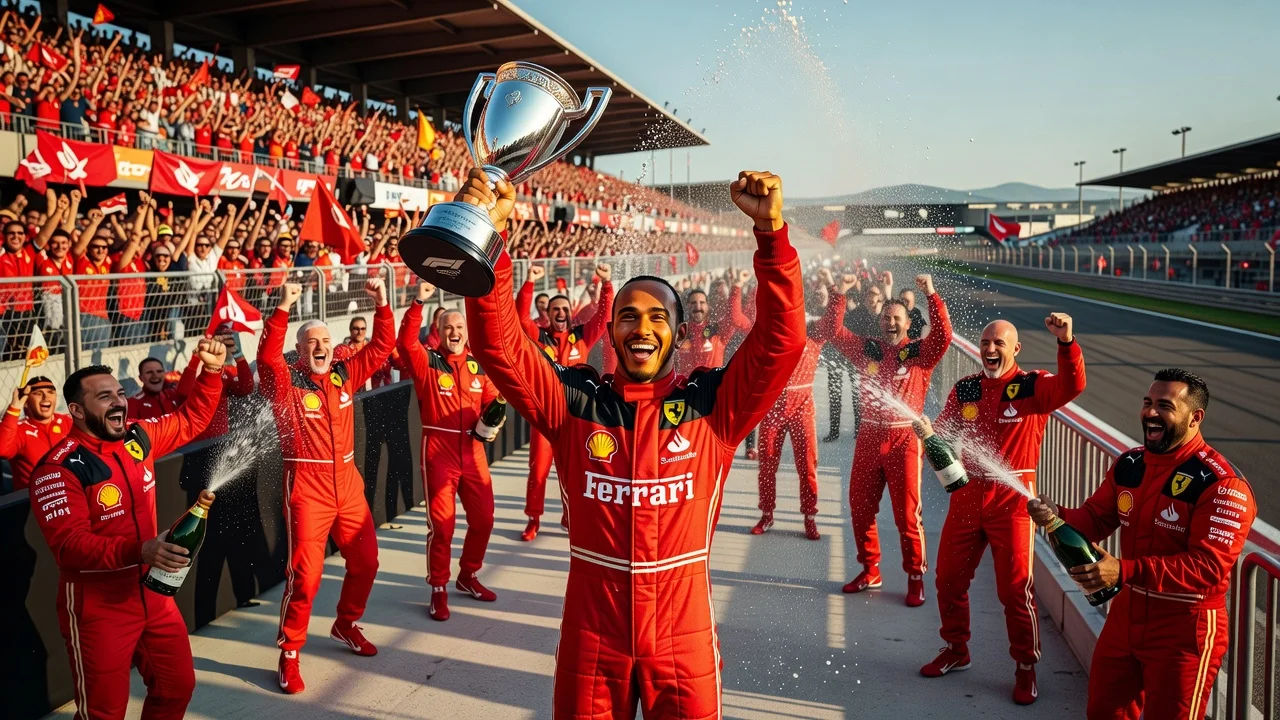 Lewis Hamilton celebrating his first win for Ferrari at the Barcelona Grand Prix on the podium.