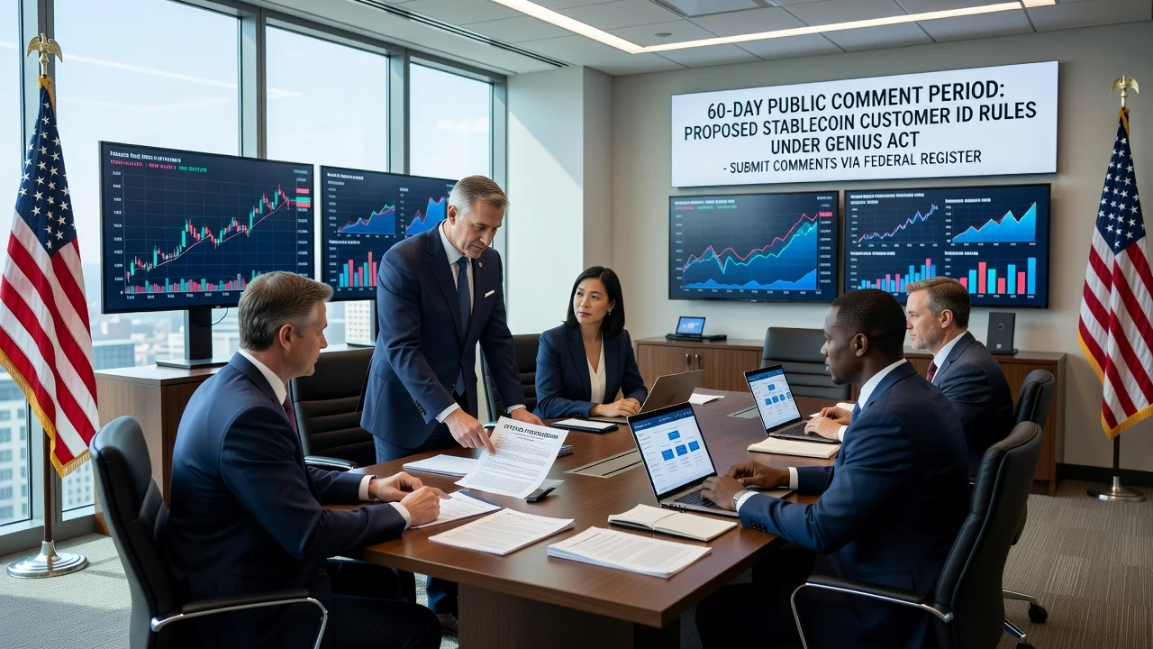 Illustration of U.S. regulators discussing stablecoin ID rules under GENIUS Act in an office setting.