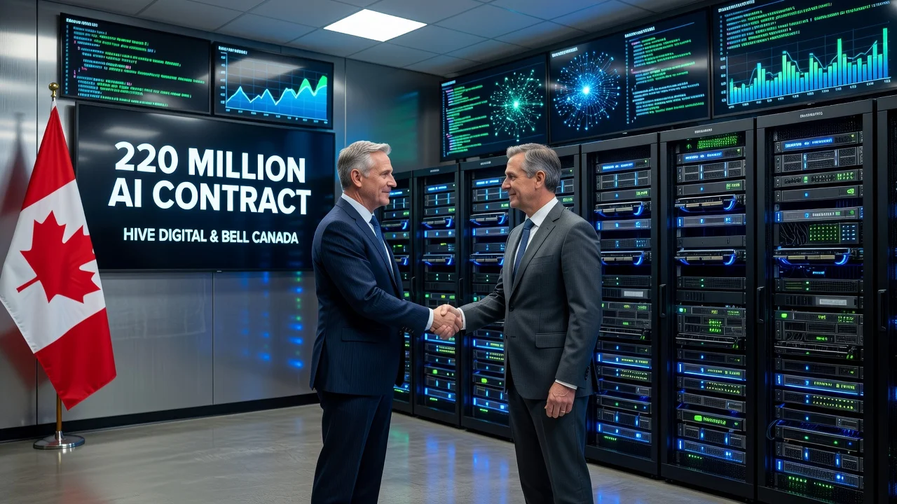 Business executives shaking hands in a data center with Nvidia GPUs, illustrating the AI contract between Hive Digital and Bell Canada.