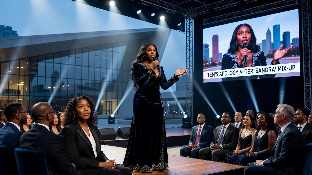 Tems apologizing on stage for misnaming Sasha Obama at the Obama Presidential Center event