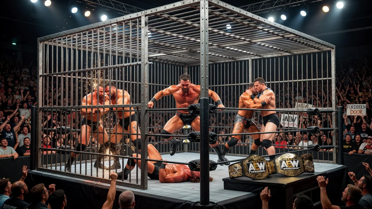 Illustration of a steel cage match at AEW's Forbidden Door event featuring championship bouts.