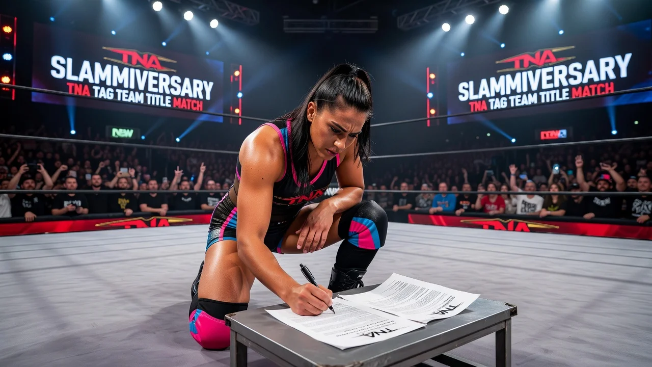 Allie signing TNA contract in wrestling ring at Slammiversary