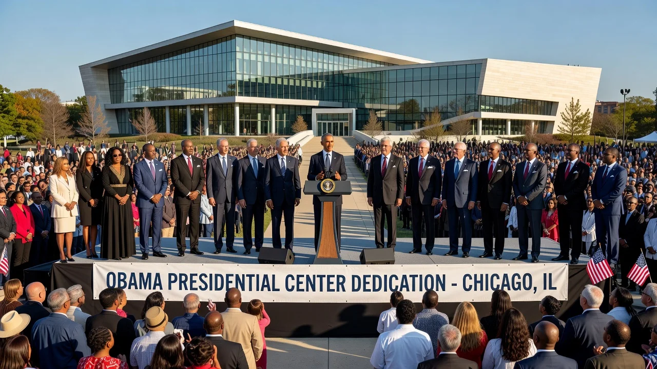 Dedication ceremony of the Obama Presidential Center in Chicago with former presidents, celebrities, and a large crowd.