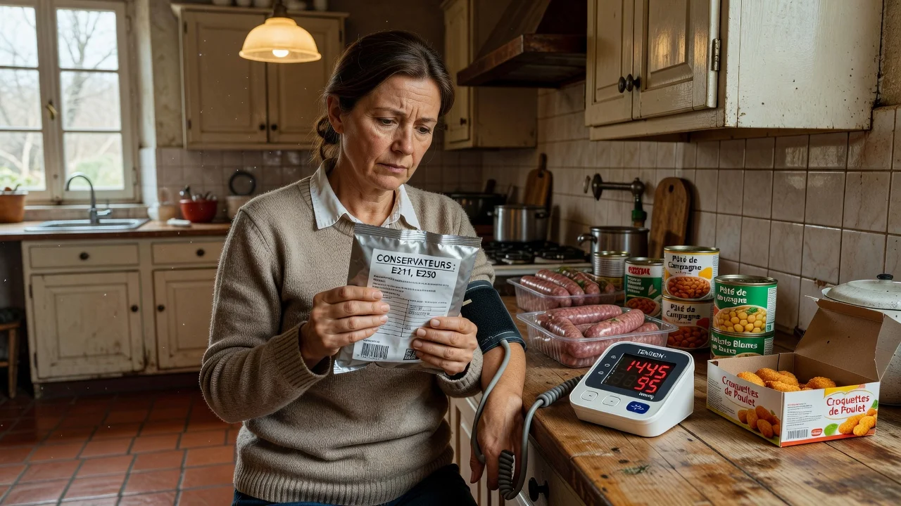 A realistic image depicting a woman checking food labels with a blood pressure monitor, illustrating the link between preservatives and hypertension.
