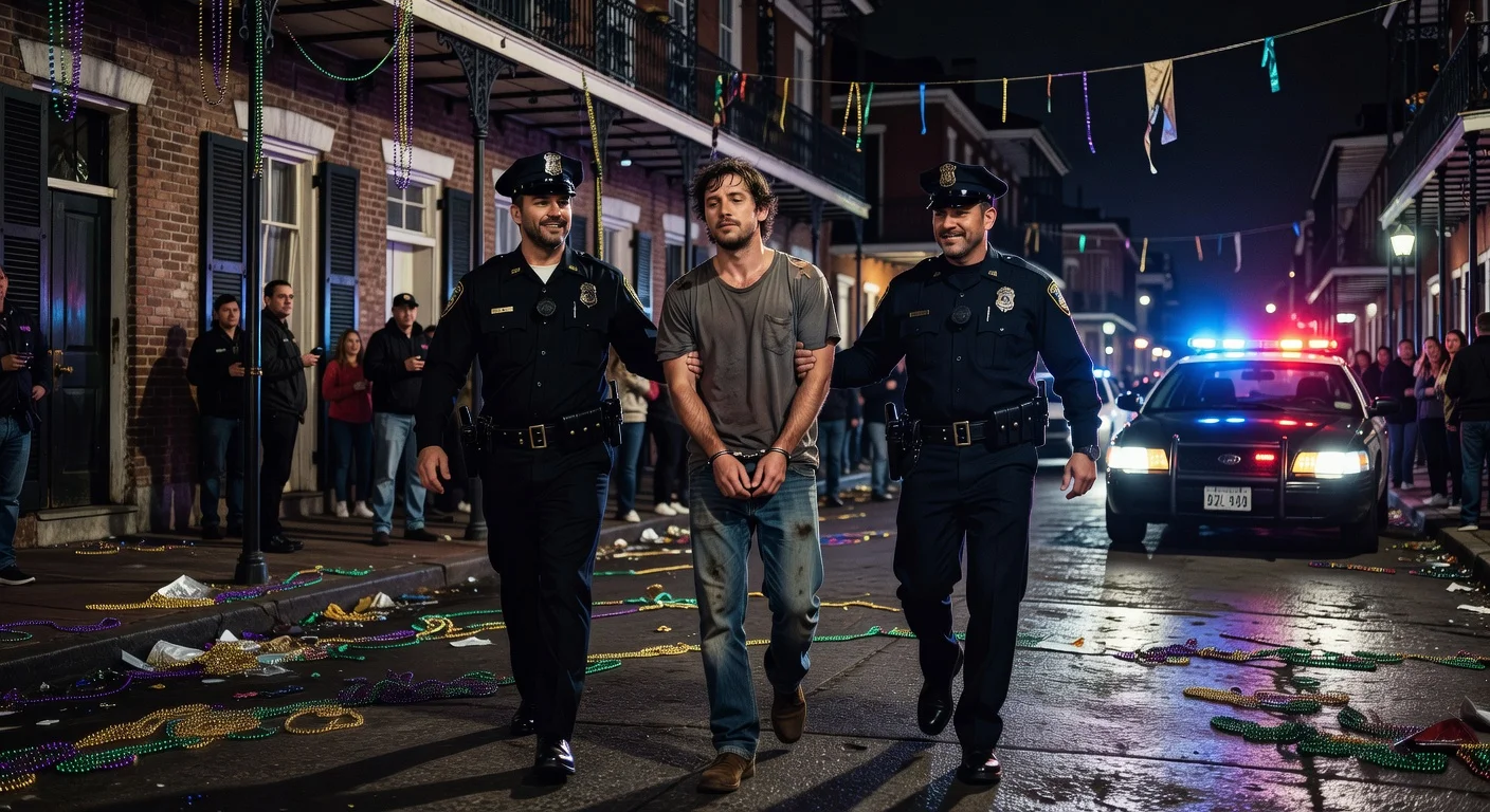 Shia LaBeouf handcuffed and escorted by New Orleans police on a nighttime French Quarter street amid Mardi Gras debris.