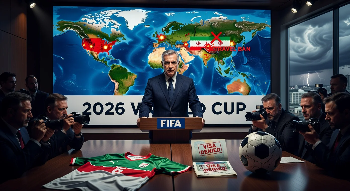 Illustration depicting FIFA monitoring US-Iran conflict's impact on 2026 World Cup, with official at press conference amid maps of airstrikes and travel barriers.