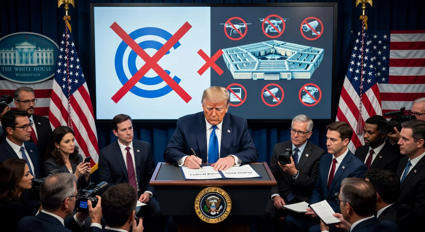 President Trump signs executive order banning Anthropic AI in federal government amid military dispute, with symbolic AI restriction visuals.