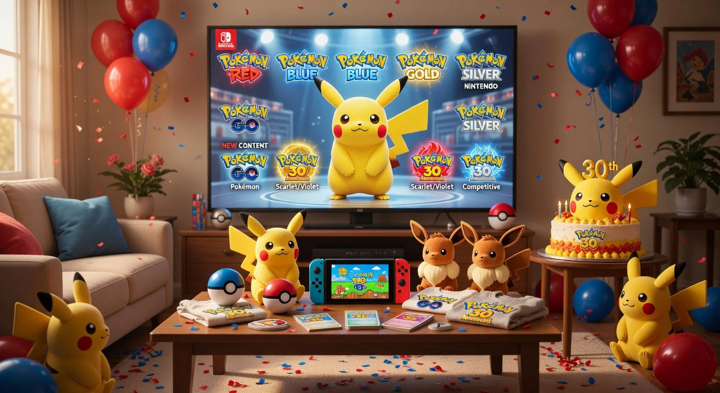 Photorealistic scene of Pokémon 30th anniversary livestream announcements with Nintendo Switch games and merchandise for a news article.